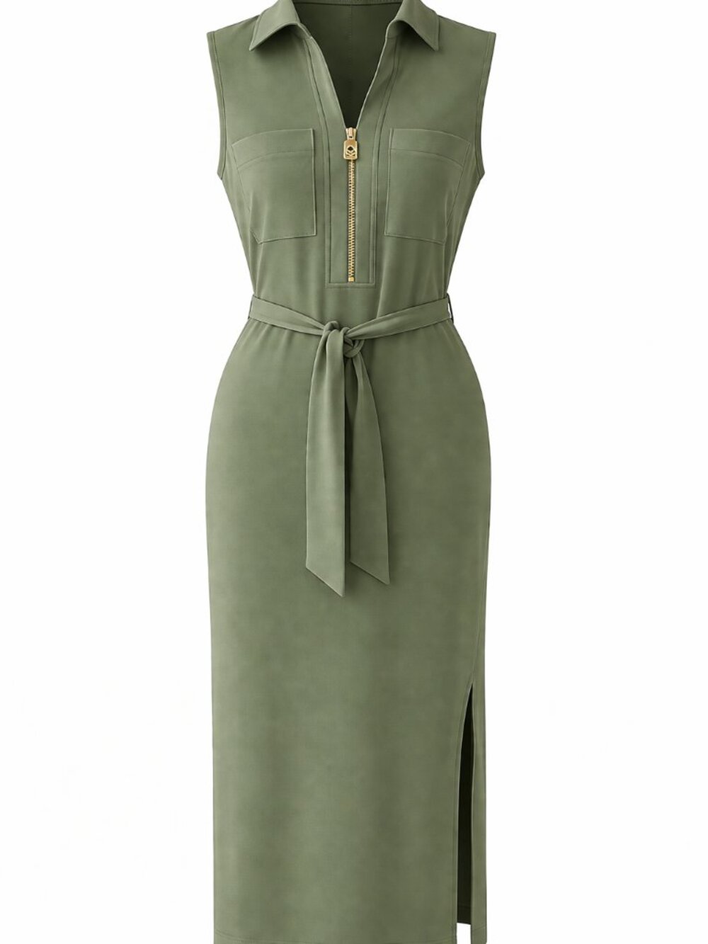 Michael Kors Olive Green Midi Dress Small | Sleeveless Belted Utility Dress